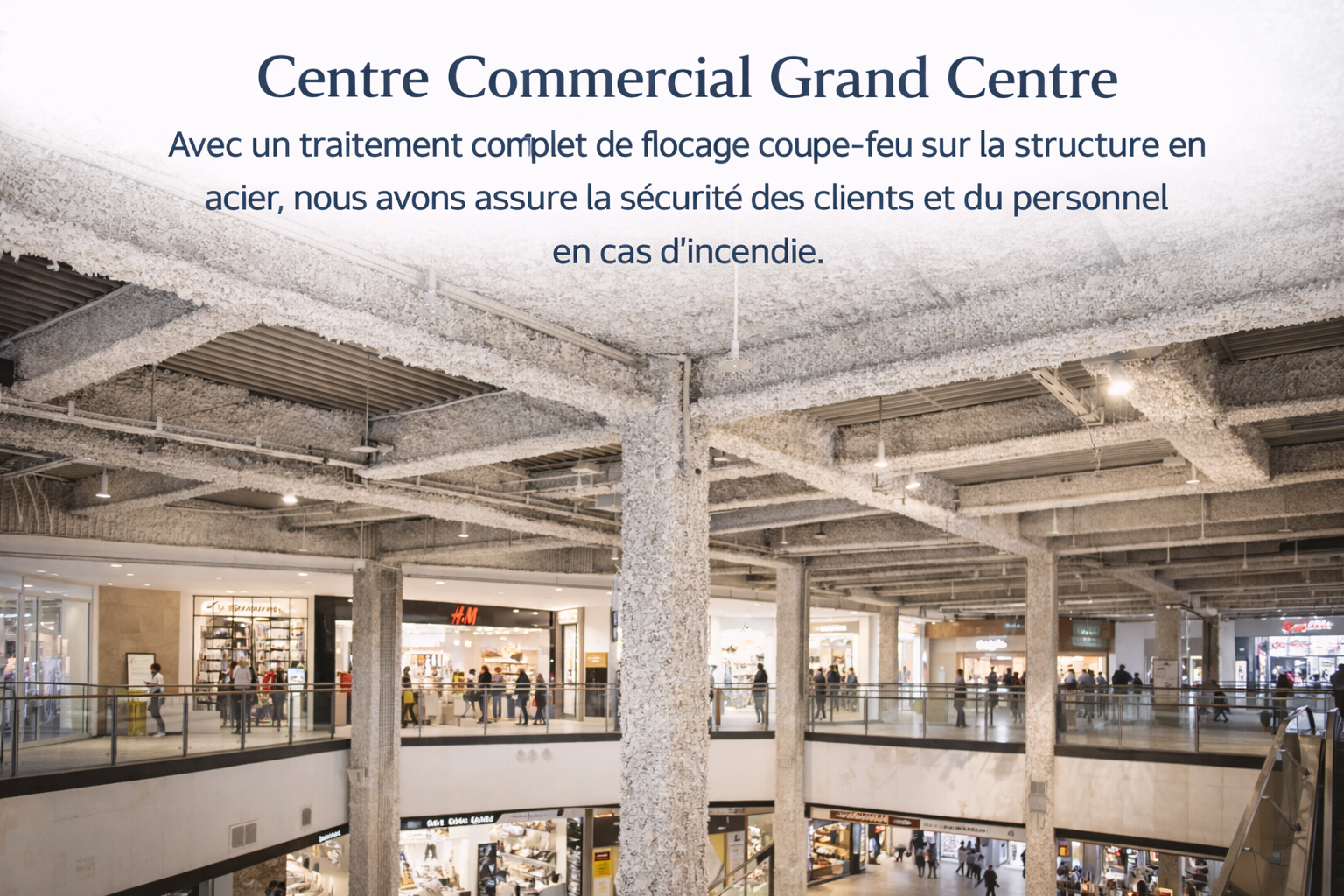 Chantier de flocage coupe-feu en centre commercial